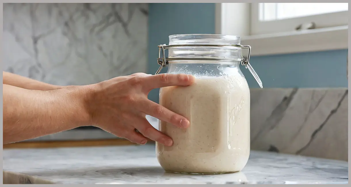 Side profile of The Dusty Knuckle’s sourdough starter in a transparent jar, condensation droplets, cool blue morning light, layered texture, marble countertop.