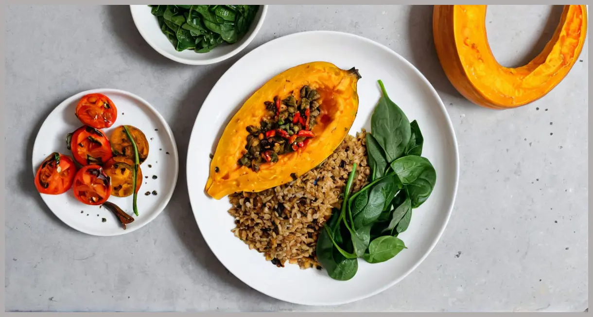 Overhead flat lay of a white ceramic plate with spiced rice and lentils with roast squash, fresh spinach, lime wedge, and chili flakes, bright natural light.