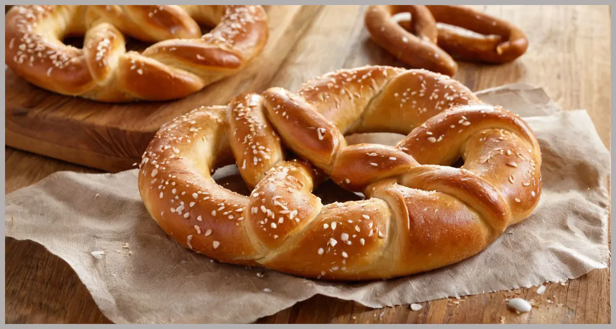 Close-up of golden-brown traditional pretzels steaming on a rustic wooden table, crispy salted crust, chewy interior, warm studio lighting.