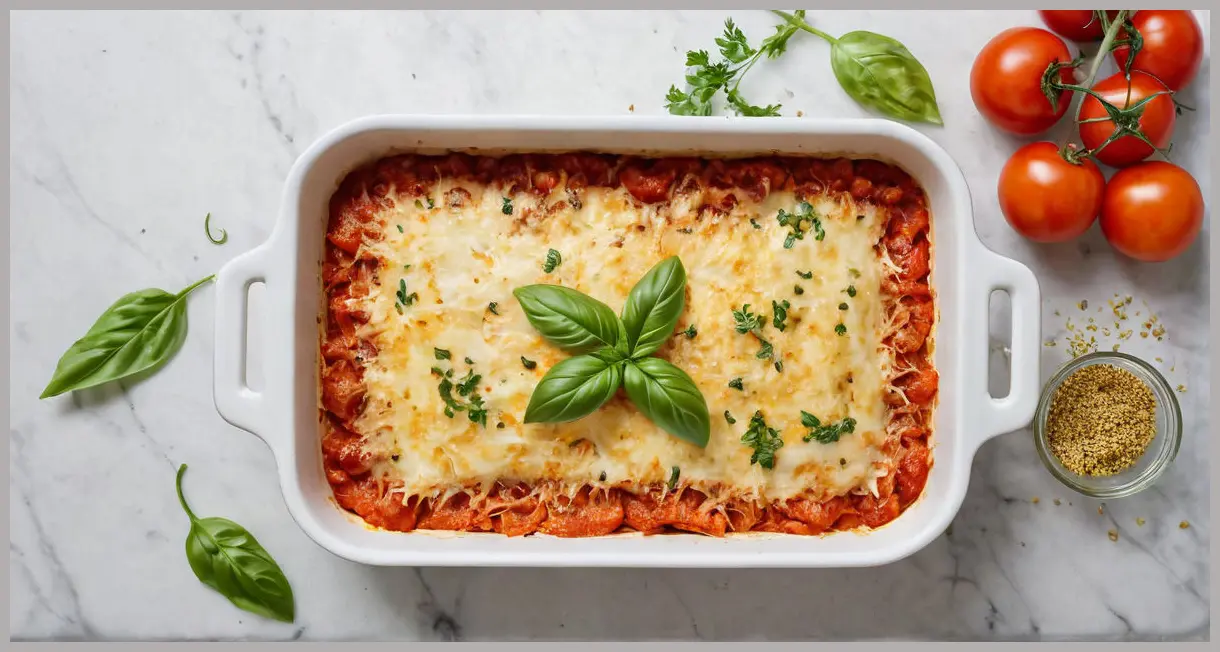 Top-down shot of Ultimate vegan lasagne in enamel dish, surrounded by tomatoes, basil, fennel, nutritional yeast, cool studio light.
