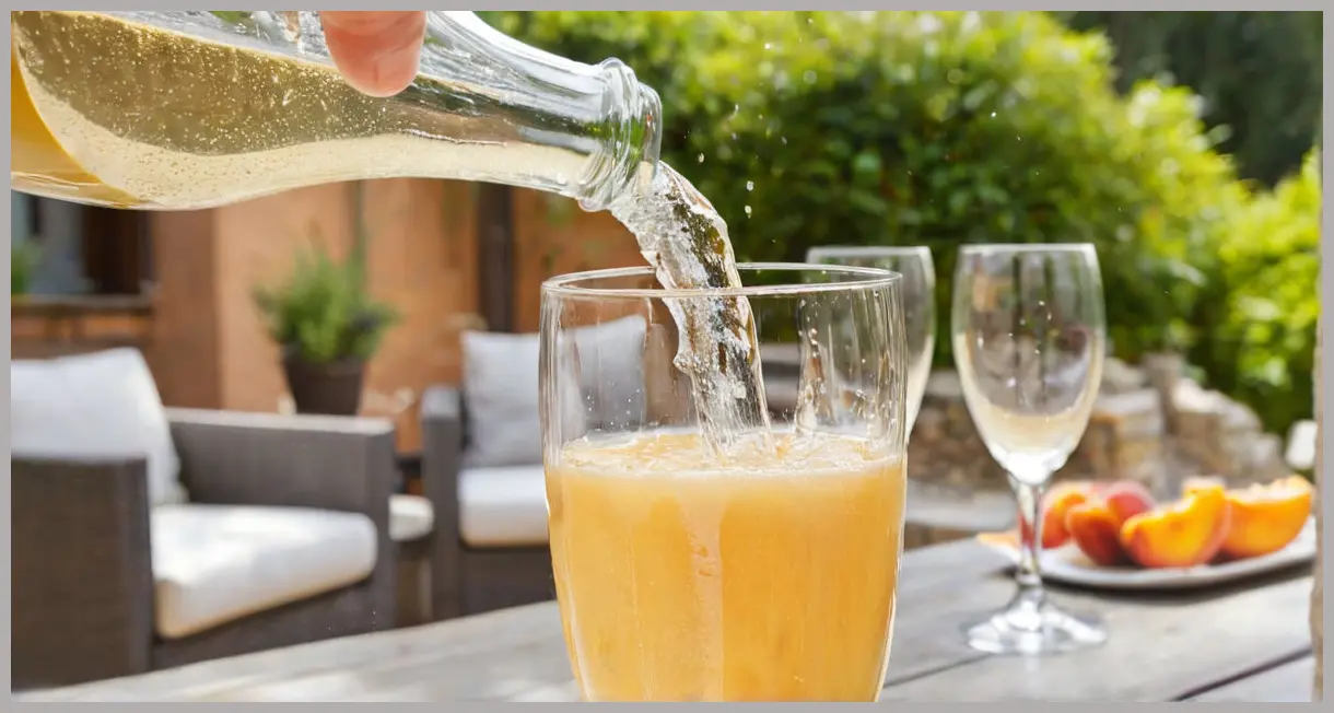 A dynamic close-up of chilled Prosecco being poured into a champagne flute with peach purée for a Fresh peach bellini, creating vibrant bubbles under bright midday sunlight.