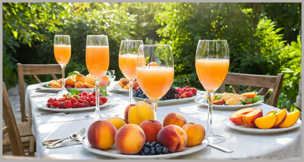 Six sparkling Fresh peach bellini cocktails on an elegant outdoor brunch table with fresh fruit, illuminated by dappled morning sunlight.