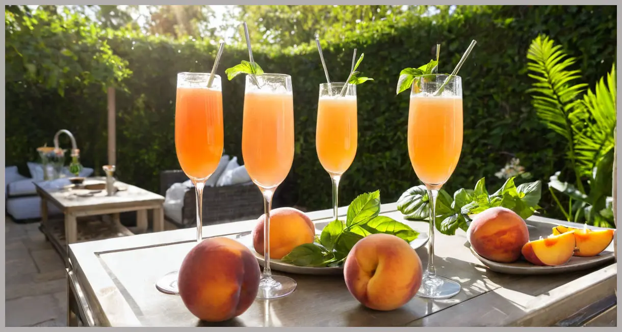 Three sparkling Fresh peach bellini cocktails on an outdoor bar cart, viewed from a low angle, bathed in late afternoon warm sunlight against lush green foliage.