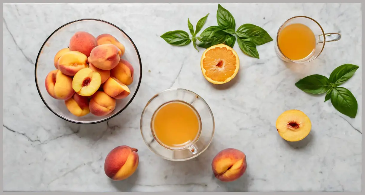 An overhead flat lay of Fresh peach bellini ingredients: ripe peaches, diced peaches, peach purée, a Prosecco bottle, basil, and a lemon, under soft studio lighting.