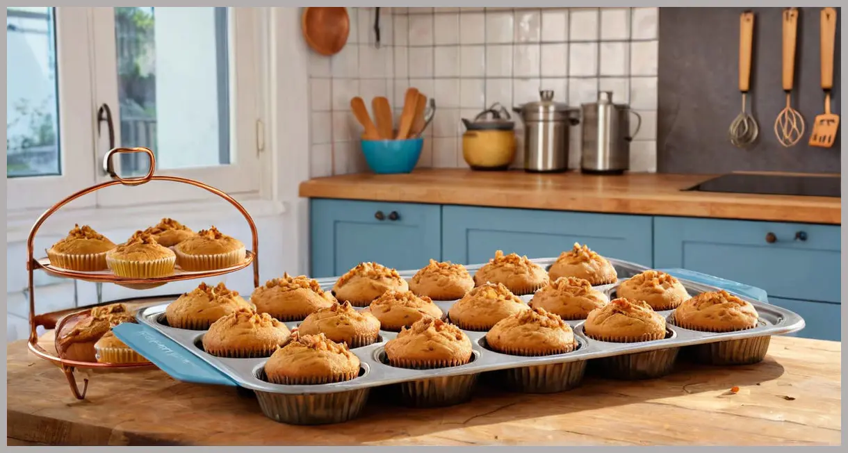 A baking tray of freshly baked nut-free carrot cupcakes cooling on a wire rack under cool morning light, steam rising in a rustic kitchen. Nut-free carrot cupcakes