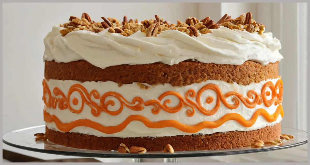 Eric Lanlard’s carrot and pumpkin celebration cake in a macro shot, focusing on frosting swirls and nuts in soft window light.