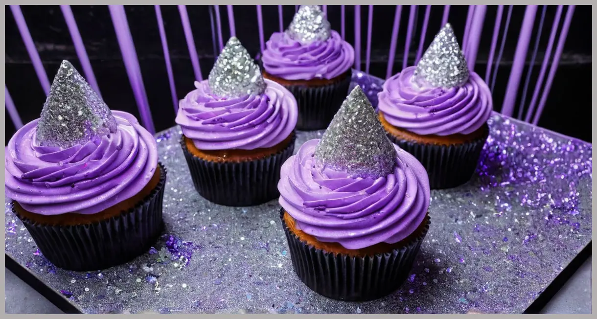 Dutch angle shot of lavender cupcakes with silver accents and edible glitter, lit by cool neon glow in a futuristic setting.