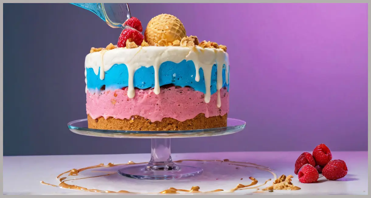 Toffee ice-cream cake slice mid-fall, neon lighting, honeycomb and dulce de leche in motion, raspberries suspended, dynamic dutch angle, futuristic vibe.