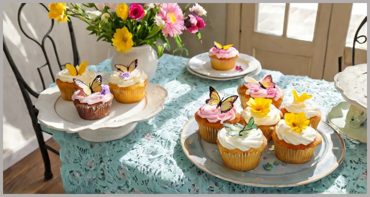 Easy butterfly cakes on a garden table, midday sunlight, pastel buttercream, edible flowers, dynamic dutch angle, lively spring mood.