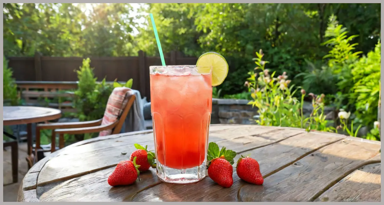 A photorealistic full shot of a Strawberry, lime and elderflower muddle on a patio table, featuring a lush, blurred green garden background, bathed in soft afternoon sun, conveying summer bliss.