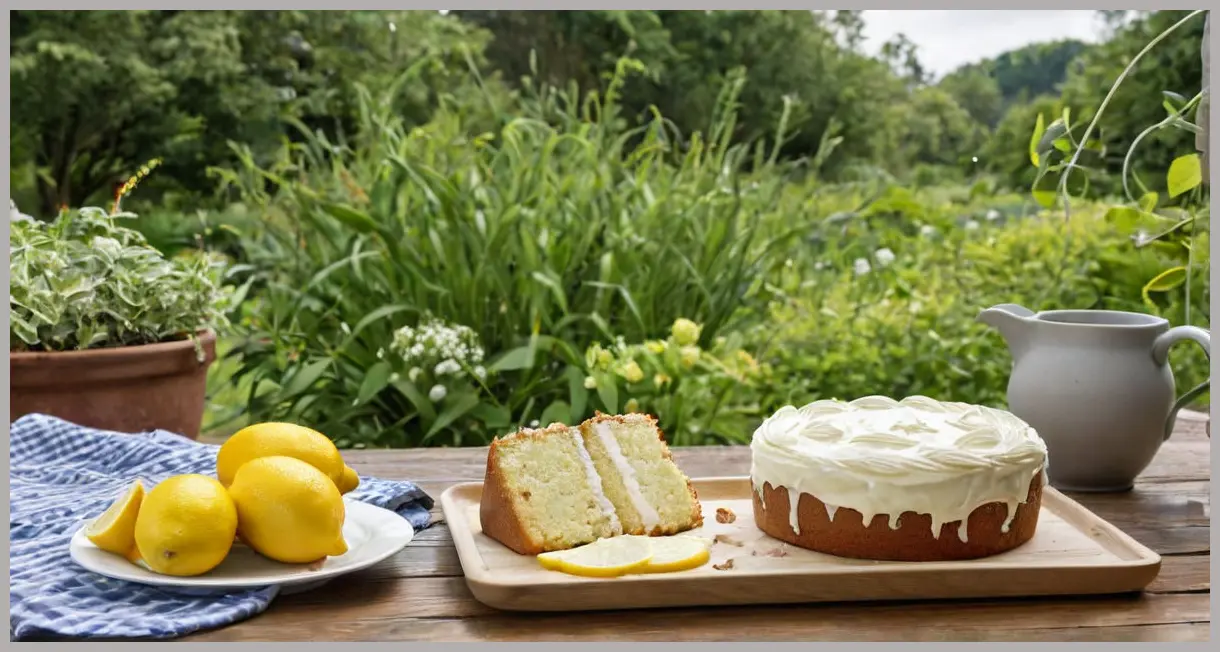 A lemon and courgette cake with white chocolate cream cheese frosting on a garden picnic table, surrounded by fresh lemons and greenery under overcast light.