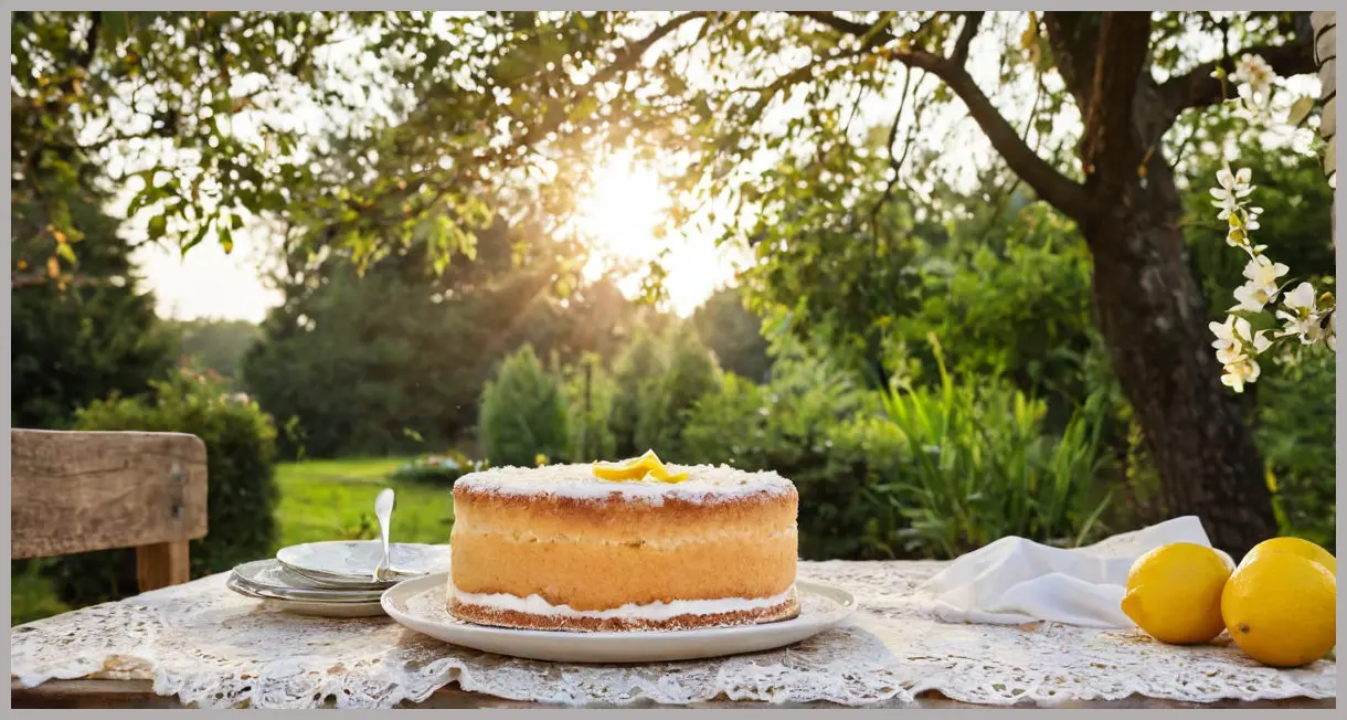 Lemon and coconut cake on a lace doily, golden hour backlight, outdoor picnic table with blooming garden bokeh, nostalgic and dreamy vibe.