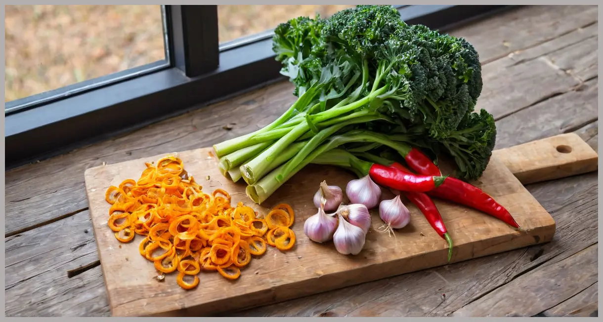 Overhead view of purple sprouting broccoli with garlic, chilli, and orange zest on a wooden board. Garlic and chilli purple sprouting broccoli