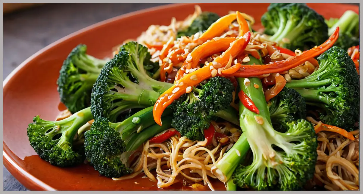 Close-up of vibrant purple sprouting broccoli stir-fried with garlic, chilli, and orange glaze, topped with crispy shallots. Garlic and chilli purple sprouting broccoli