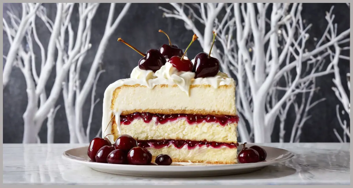 Low-angle cross-section of a White Forest Gateau, spotlight revealing layers, dripping syrup, and embedded cherries. White forest gateau