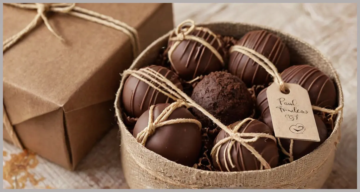 A small gift box of vegan chocolate truffles tied with twine, softly lit for a cozy, heartfelt presentation. Paul A Young’s vegan chocolate truffles