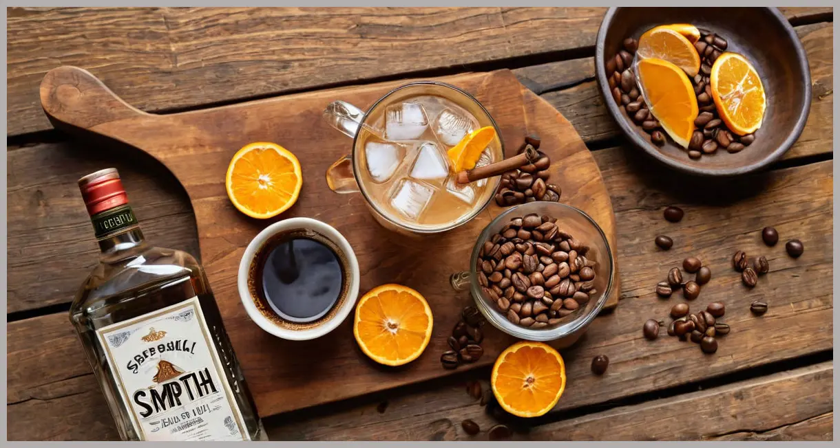 An overhead photorealistic shot displaying Gin espresso martini ingredients: gin, espresso, coffee liqueur, coffee beans, and an orange twist.