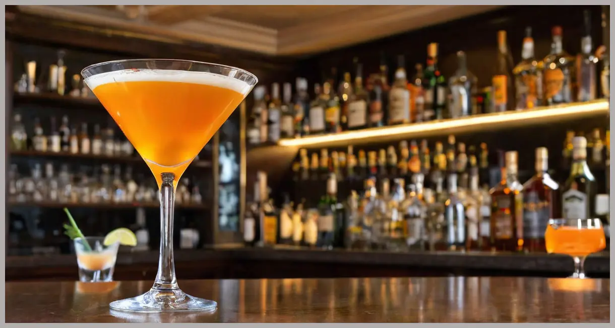 An eye-level photorealistic image of a Gin espresso martini in a chilled martini glass, garnished with a vibrant orange twist.