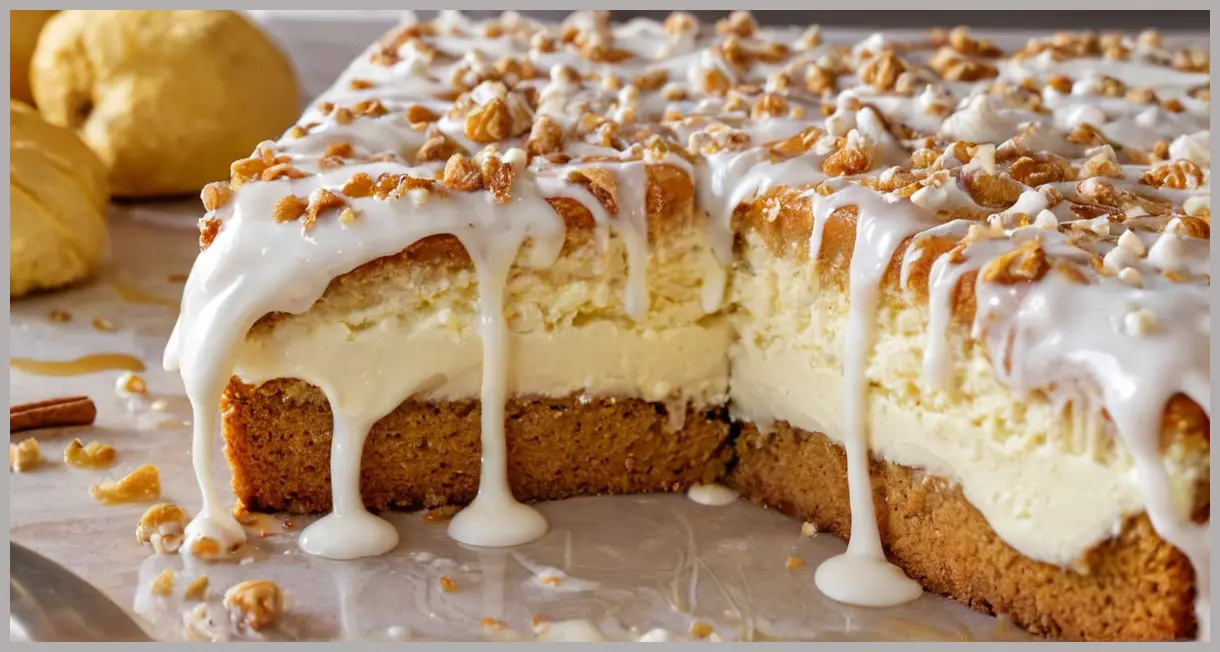 A close-up of ginger drizzle traybake with cream cheese icing, golden edges, sticky glaze, and crystallized ginger sprinkles in soft studio light.