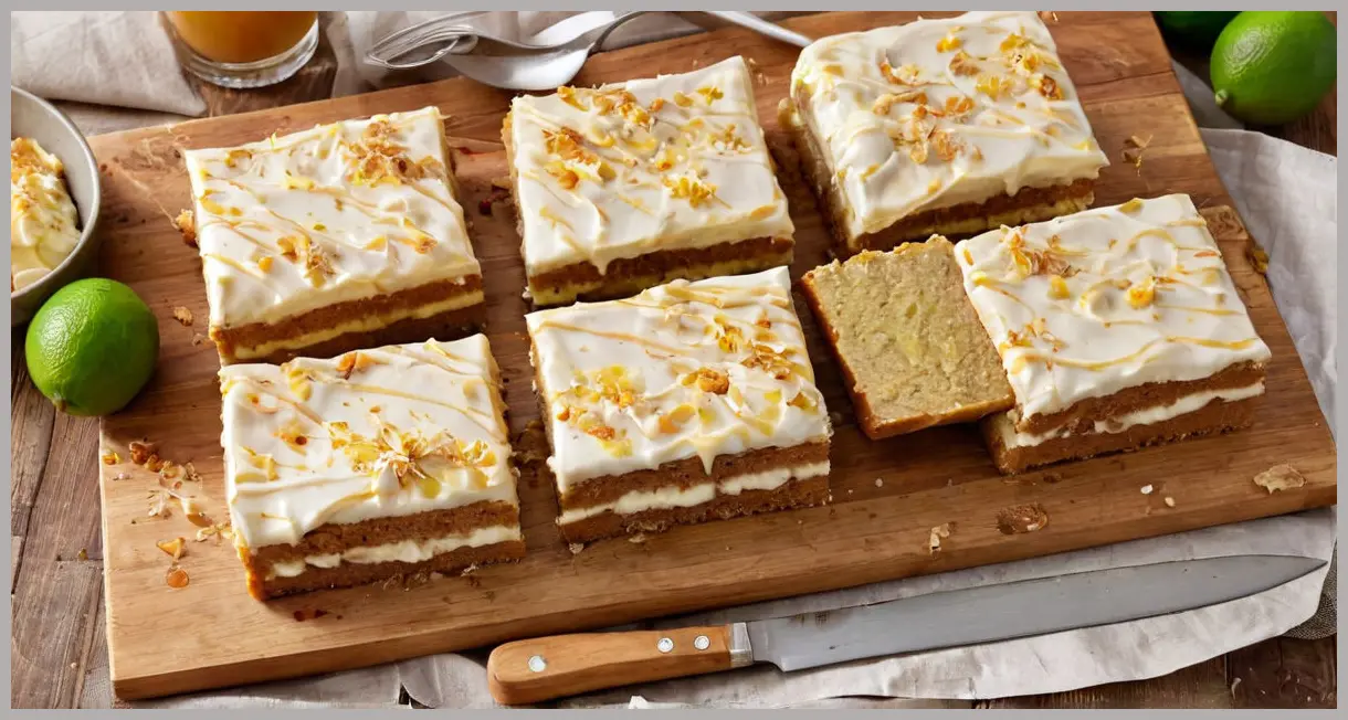 Overhead view of sliced ginger drizzle traybake with cream cheese icing on a wooden board, showcasing 16 squares, syrup drizzle, and lime zest.