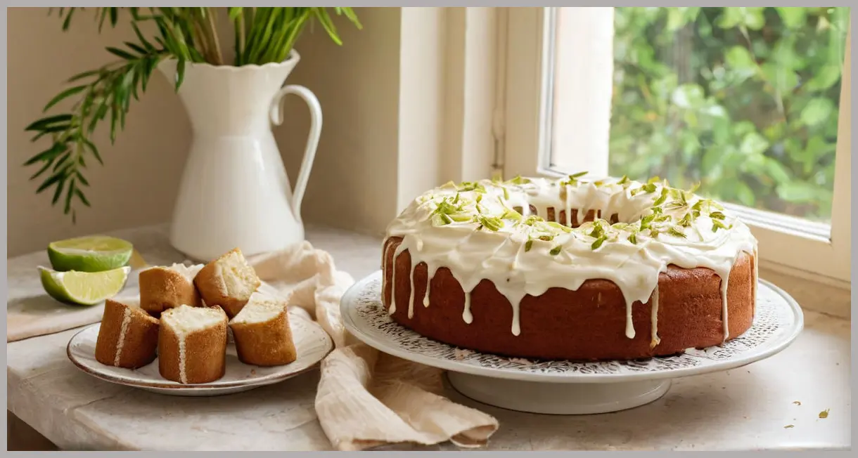 Wide shot of ginger drizzle traybake with cream cheese icing on a vintage cake stand, lime wedges, and ginger roots in soft window light.