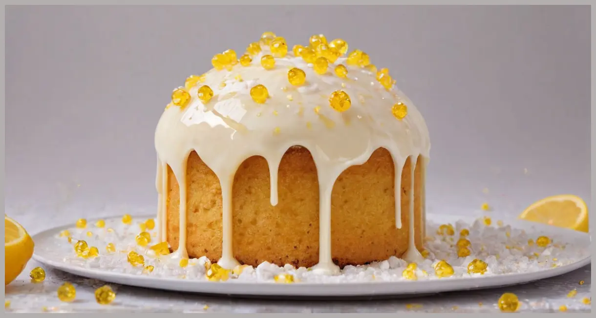 A close-up of a golden Pop Cake with cracked lemon icing, revealing a frozen honey core and sparkling popping candy. Pop cakes