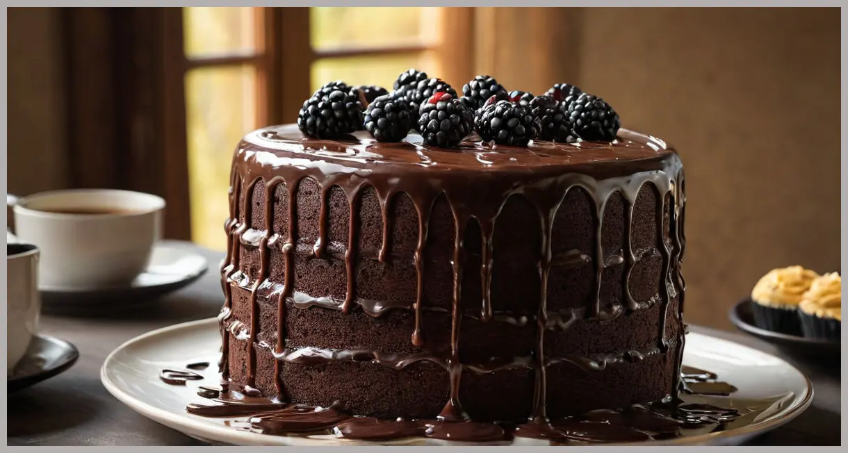 Close-up of a six-layer Chocolate Celebration Layer Cake with dark sponge, butter icing, and glossy ganache, garnished with blackberries, golden hour lighting.