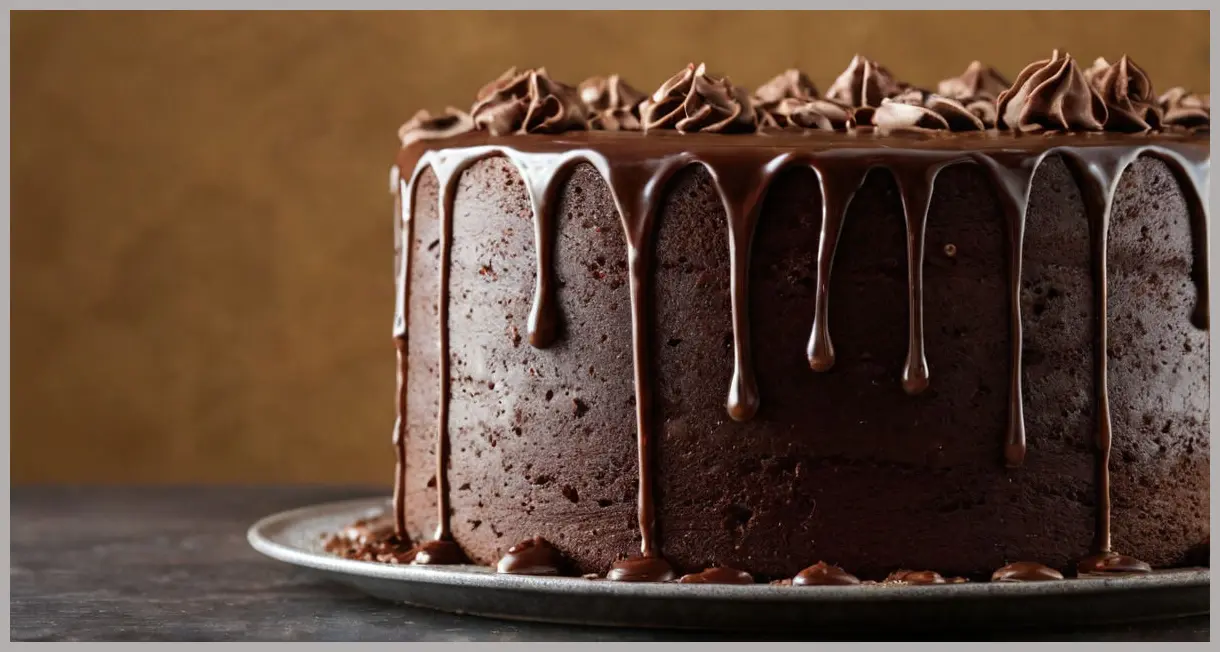 A close-up of Paul Hollywood’s chocolate fudge cake, glossy ganache frosting under warm studio light, ultra-sharp focus on moist crumb.