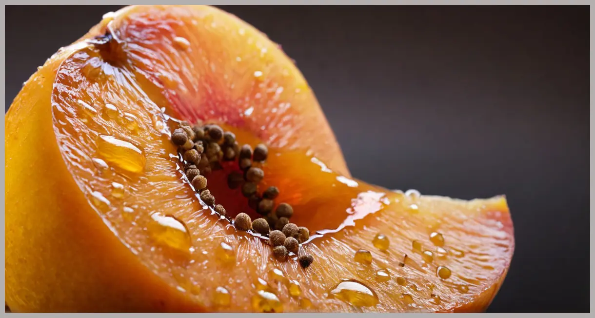 Pickled peaches in syrup, captured in extreme close-up with visible spices and a glossy texture, illuminated by dramatic side lighting.