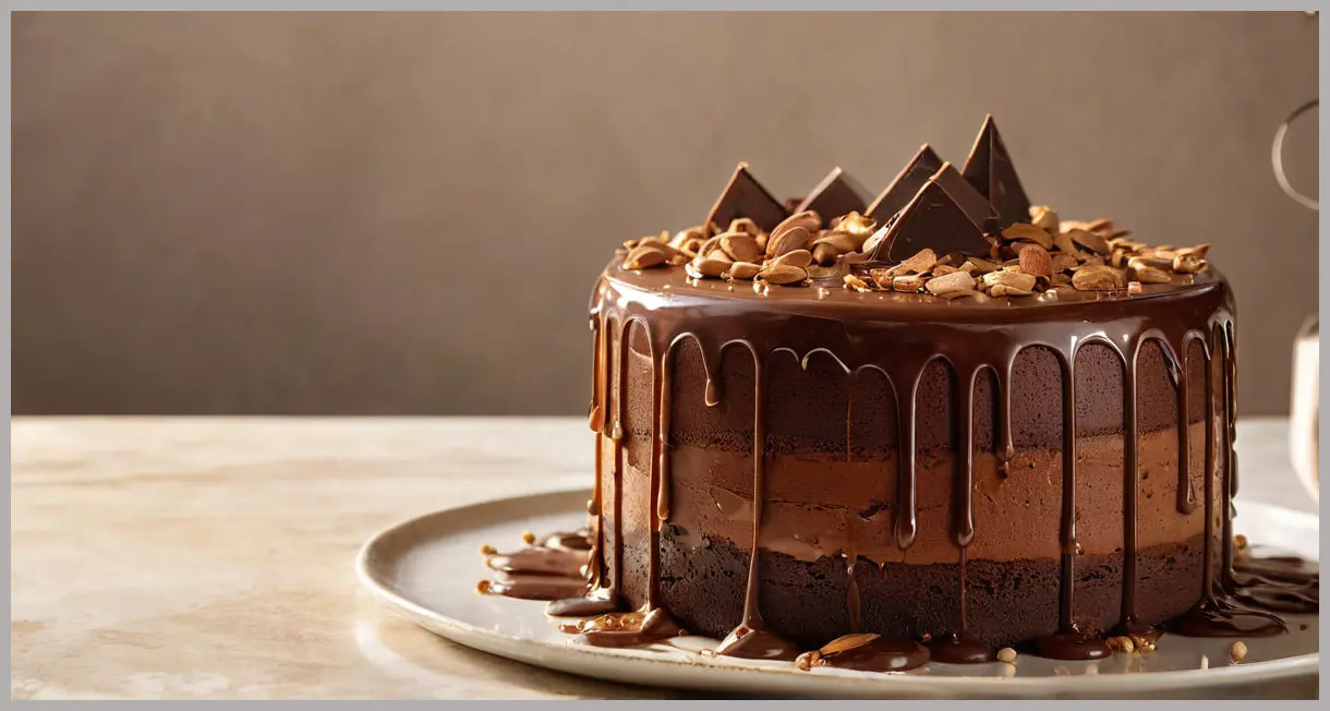 Ultimate chocolate mousse cake in close-up, showcasing glossy ganache drips and layered textures, bathed in golden hour light.