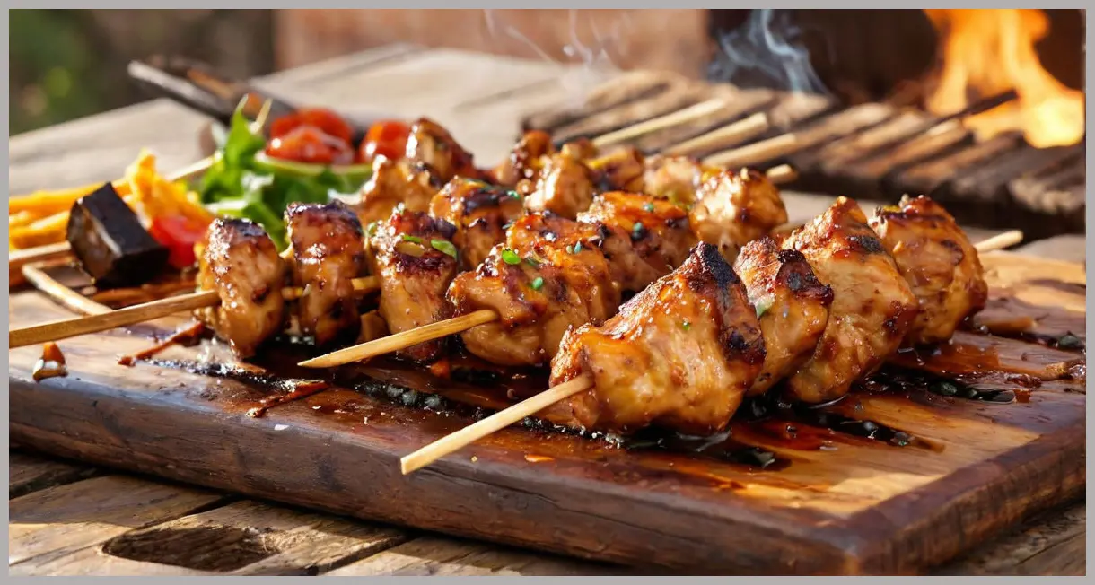 Close-up of sizzling five-spice chicken skewers glistening with hoisin glaze, golden hour lighting, charred grill marks, steam rising. Five-spice chicken skewers with speedy chow mein