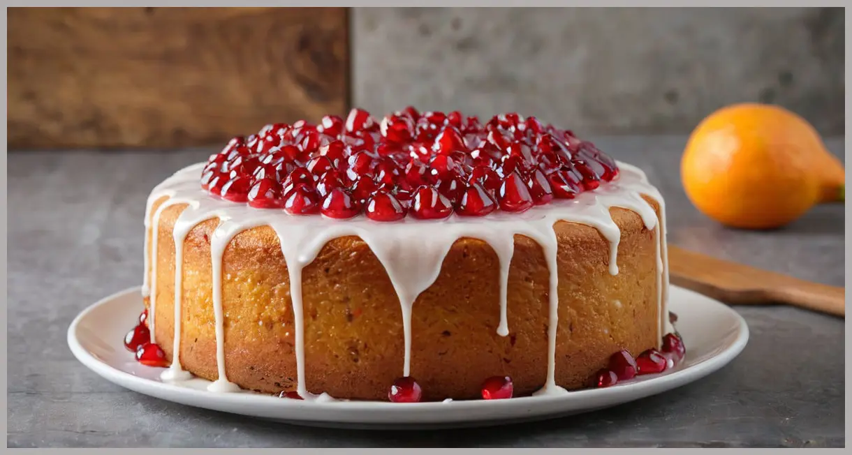 Eric Lanlard’s clementine and pomegranate cake (gluten-free) in macro close-up, showcasing glossy glaze, ruby seeds, and powdered sugar dusting under soft studio light.
