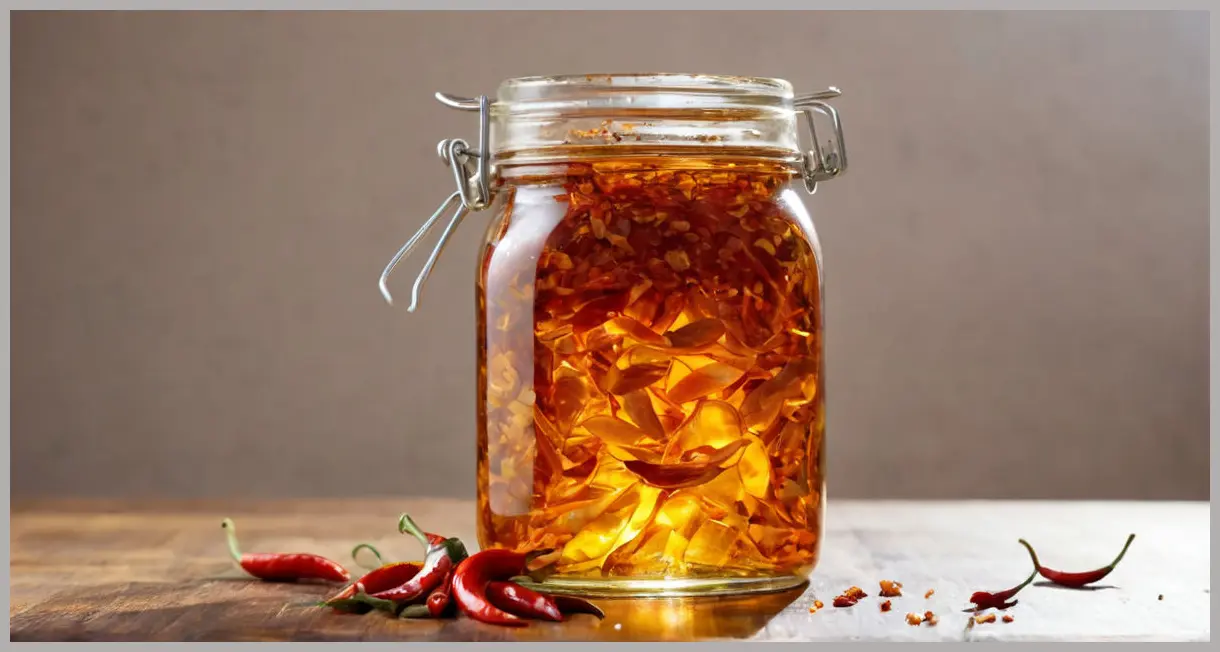 A close-up of homemade crispy chilli oil in a glass jar, golden-red with suspended spices, captured in soft studio light. Homemade crispy chilli oil
