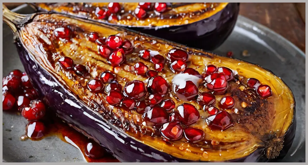 A close-up of a roasted aubergine half, glazed with sticky pomegranate molasses, caramelized edges glowing under warm studio light. Pomegranate-glazed aubergines and courgette tabbouleh