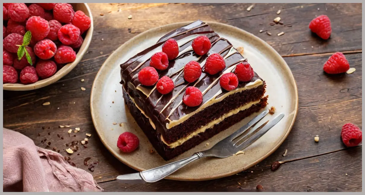 Overhead flat lay of a sliced gluten-free chocolate cake with raspberries, revealing glossy icing, creamy filling, and fresh berries on a rustic wooden table.