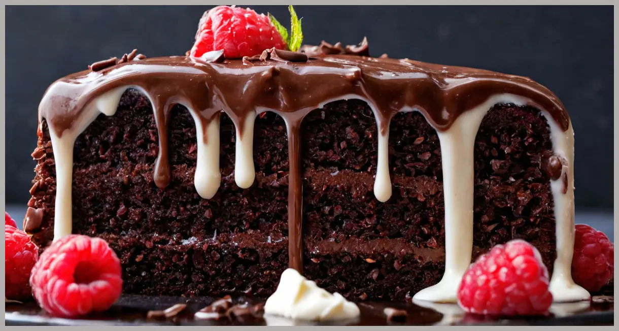 A single slice of gluten-free chocolate cake with raspberries, featuring melting dark chocolate glaze, fresh juicy berries, and creamy white chocolate filling.