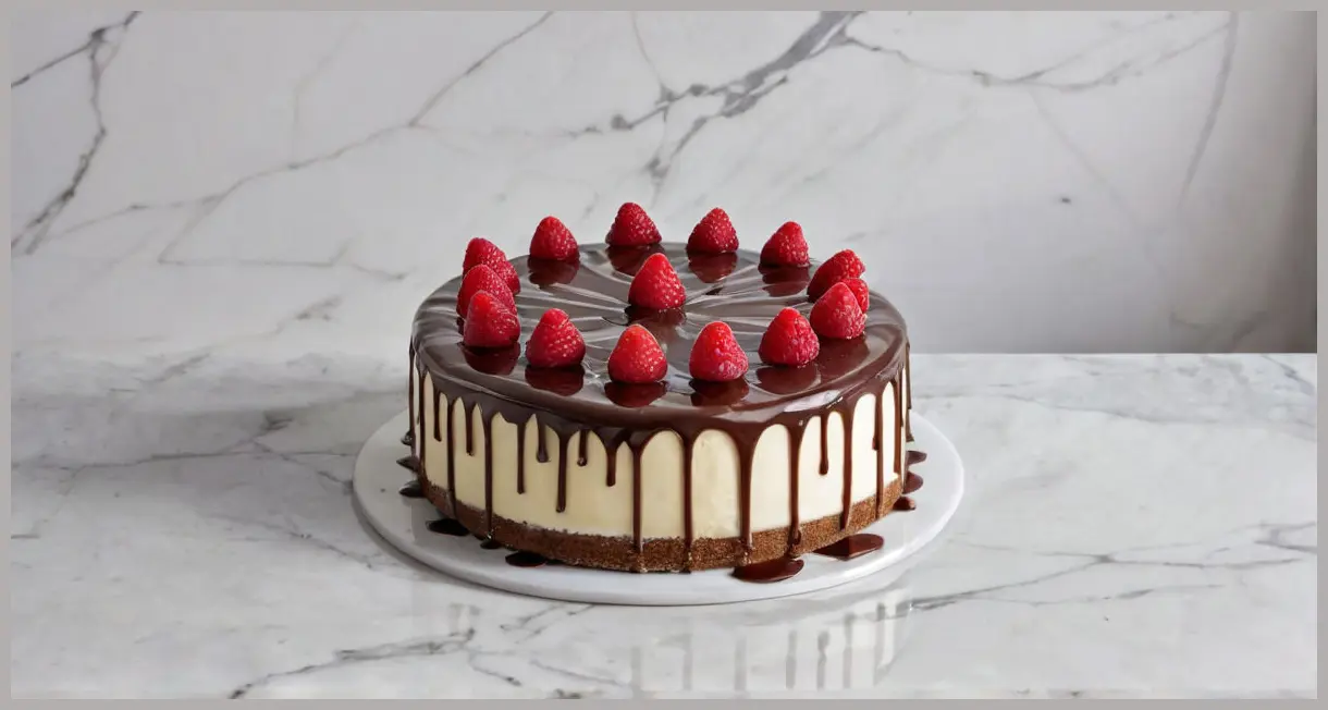 A whole gluten-free chocolate cake with raspberries on a marble slab, featuring glossy dark chocolate icing and fresh berries arranged in a circular pattern.