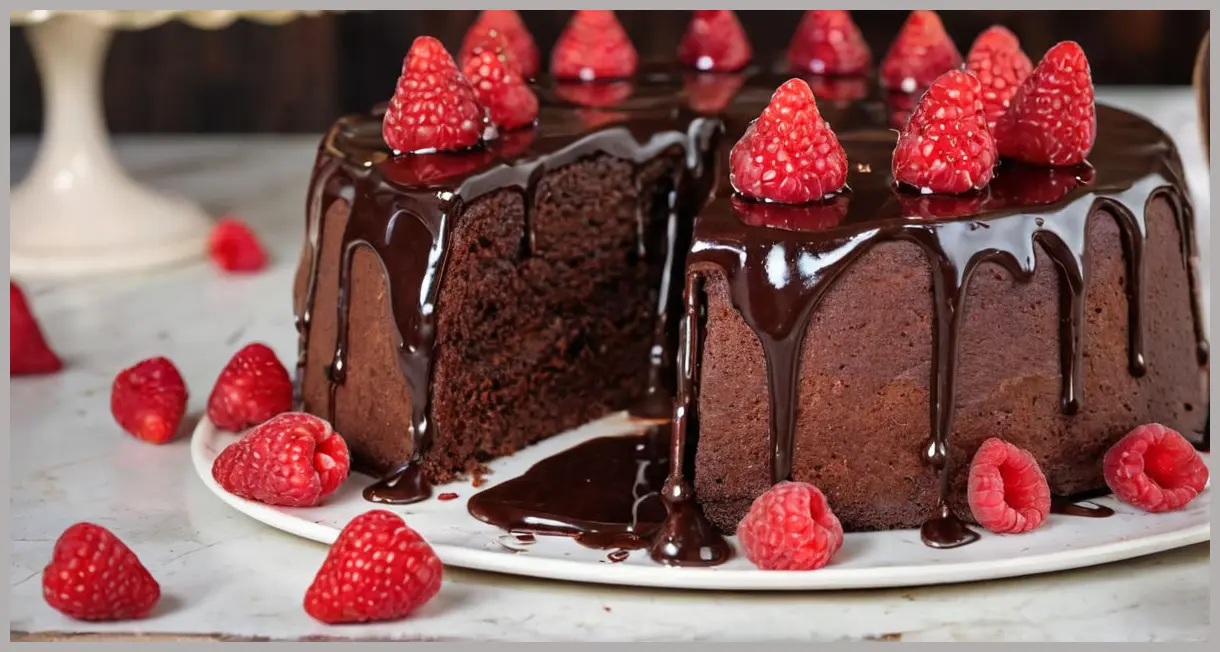 A gluten-free chocolate cake with raspberries partially sliced, with dark chocolate glaze dripping and fresh berries spilling out on a vintage cake stand.
