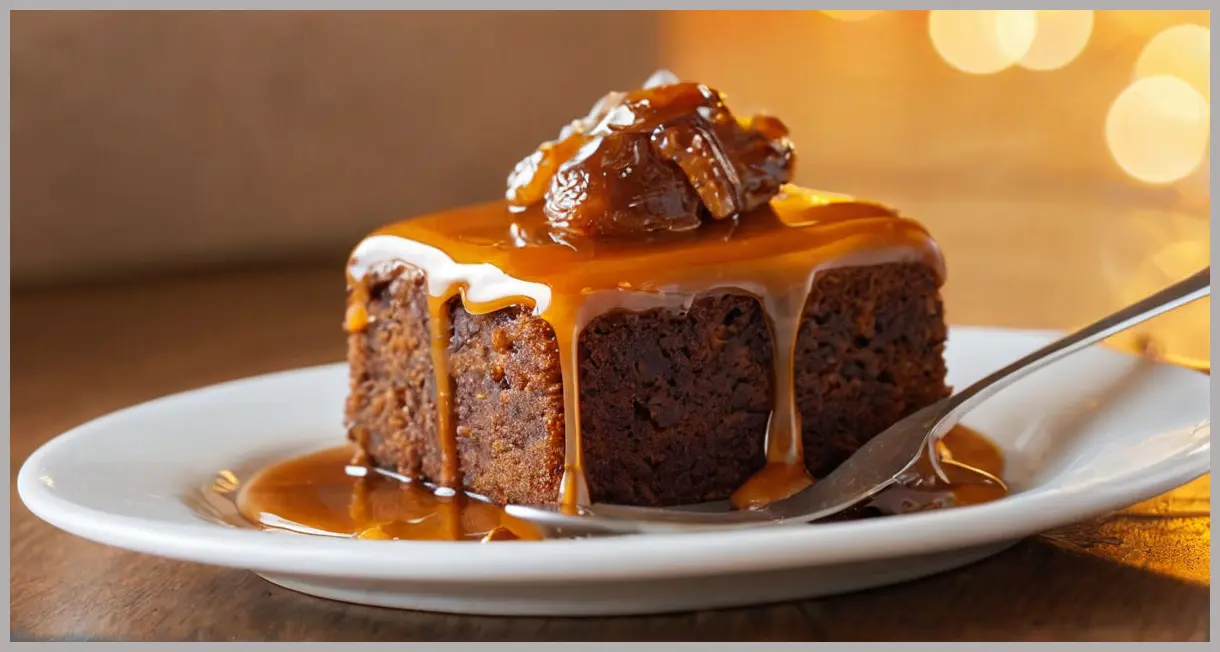 Macro close-up of a sticky toffee pudding cake bite on a spoon, backlit by golden hour glow. Sticky toffee pudding cake