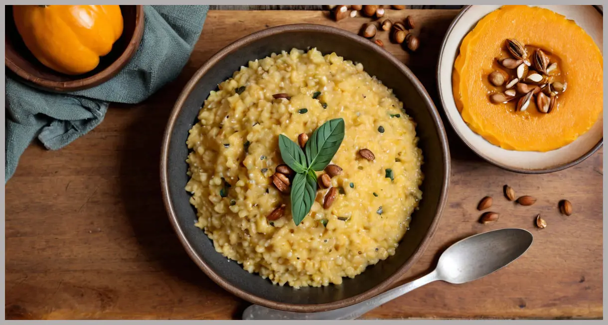 A top-down view of vegan butternut squash risotto with millet, creamy and garnished with hazelnuts and sage, bathed in golden hour light.