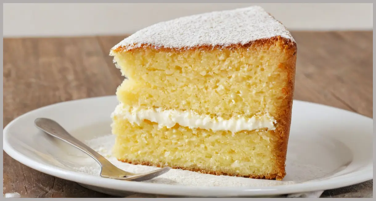 Classic sponge cake in close-up, golden crust with airy texture, dusted with icing sugar, passionfruit cream filling peeking out, warm studio lighting.