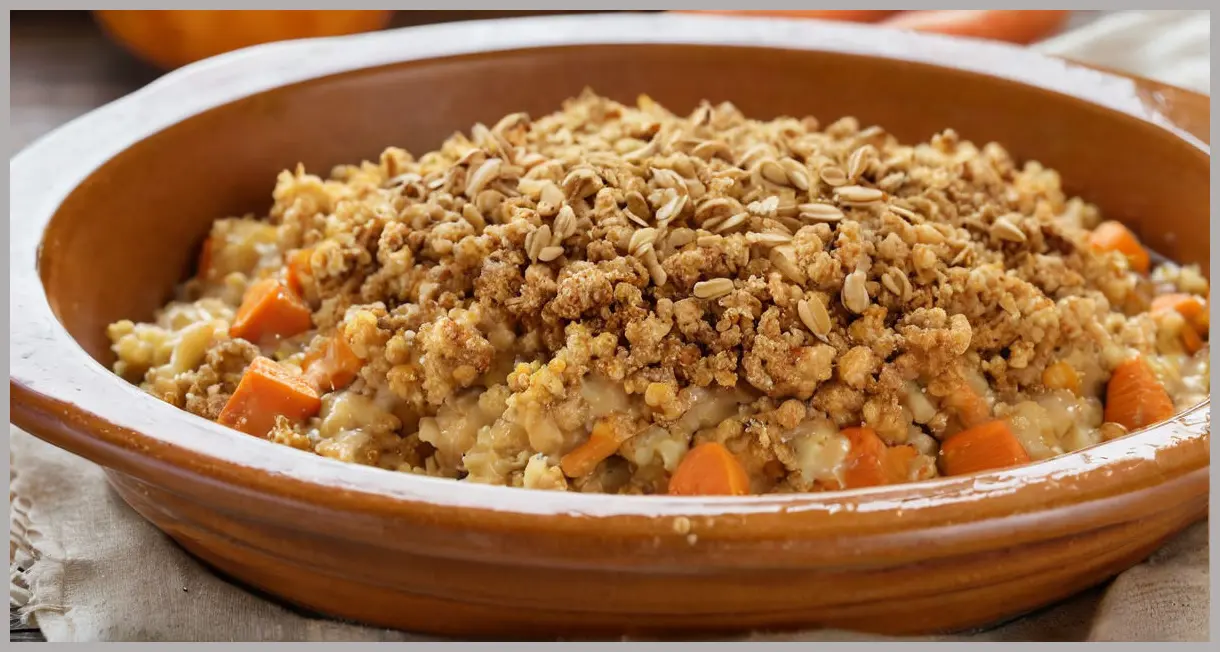 Close-up of a golden-brown confit parsnip and carrot crumble in ceramic dish, creamy sauce, crispy topping, warm autumn tones. Confit parsnip and carrot crumble