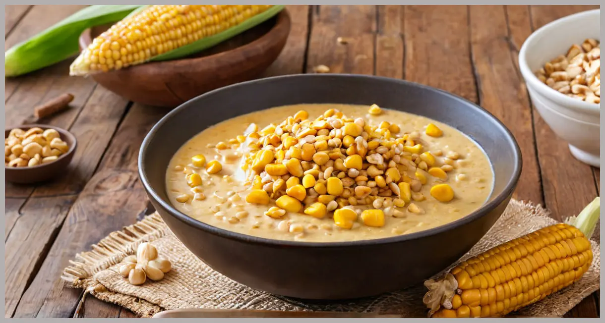 Corn on the cob peanut curry in a rustic bowl atop a wooden table, golden hour glow, creamy coconut sauce, crushed peanuts, and aromatic spices.