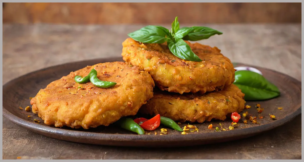 Close-up of golden-brown Jodhpuri mirchi vada on clay plate, crispy batter revealing spiced potato filling, warm lighting. Jodhpuri mirchi vada (spiced chilli fritters)