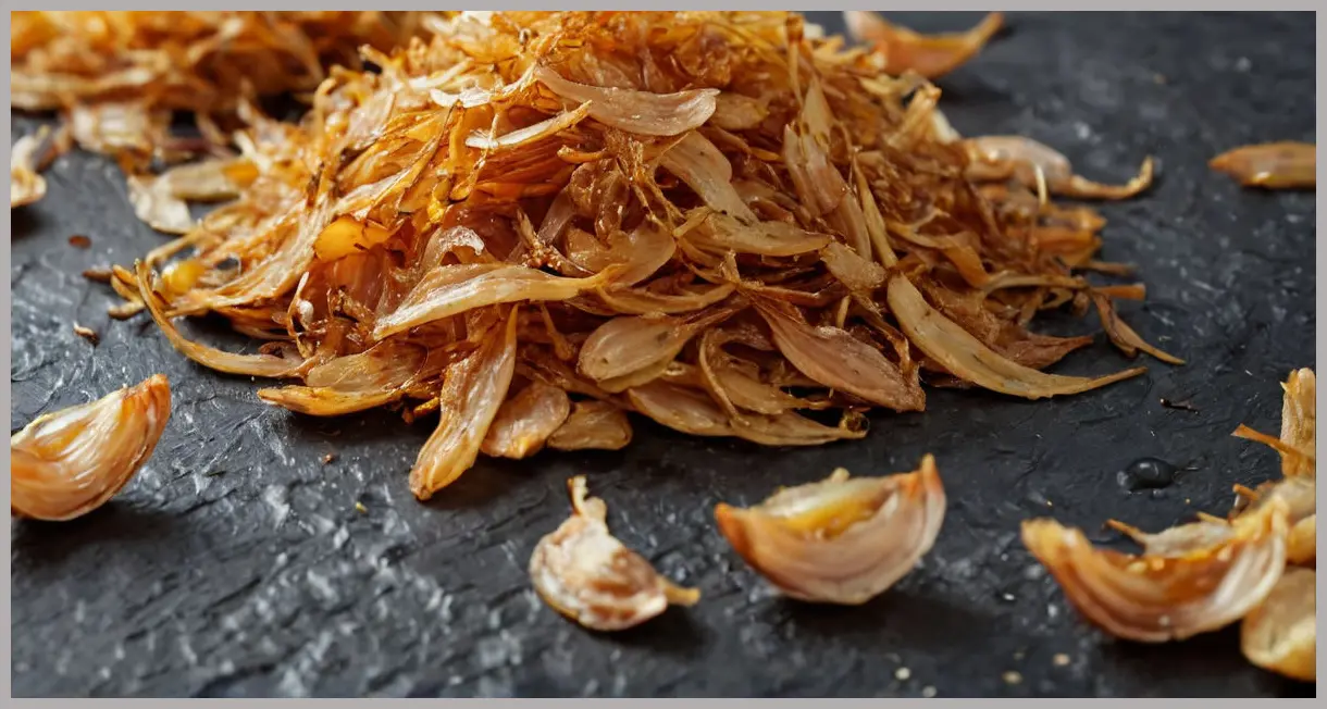 A moody close-up of golden crispy shallots scattered on dark slate, ultra-sharp focus with warm amber lighting. Crispy shallots