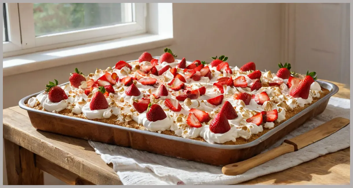 Overhead view of Eton mess traybake on wooden table, golden sponge with caramelized strawberries, crushed meringue, and whipped cream. Eton mess traybake