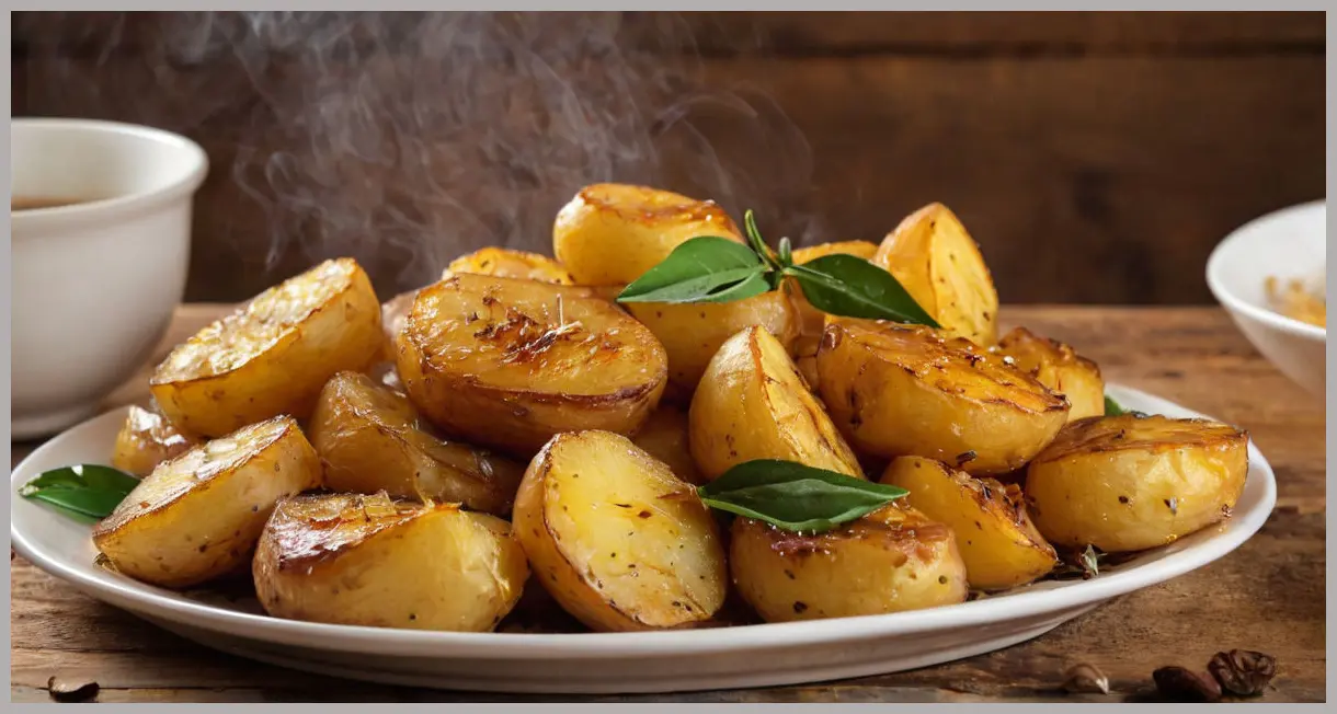 Garlic roast potatoes with bay leaves, close-up of crispy golden edges, caramelized garlic, and aromatic herbs on a rustic wooden table.