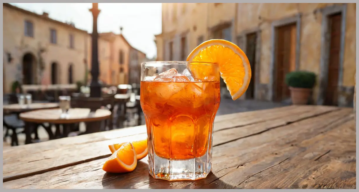 A vibrant orange Aperol spritz cocktail in a large condensation-covered wine glass, garnished with a fresh orange slice and ice, set on a rustic wooden table with a blurred Italian piazza background.