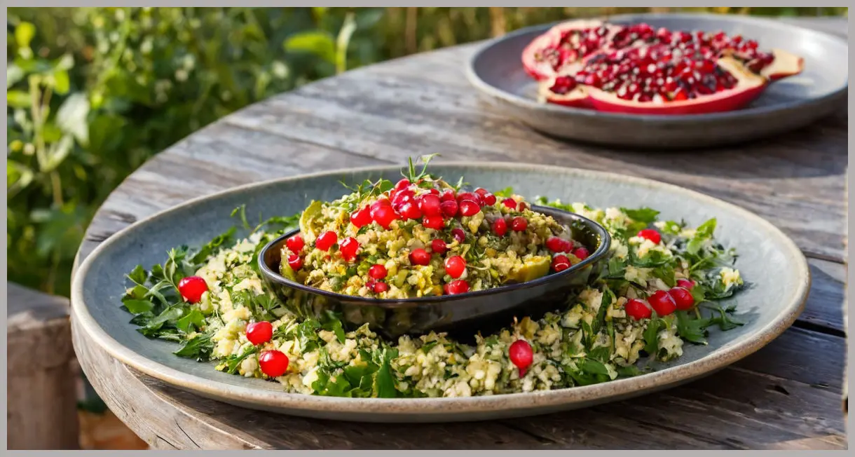 A rustic outdoor table set with pomegranate-glazed aubergines and tabbouleh, bathed in golden hour backlighting. Pomegranate-glazed aubergines and courgette tabbouleh