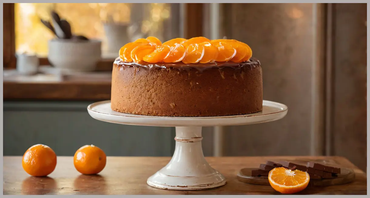 Wide shot of ginger and honey biscuit cake with choc-orange icing on a vintage stand, backlit by golden hour, candied clementines glowing.